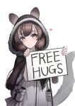  1girl absurdres animal_ears arknights black_capelet blush brown_hair capelet cowboy_shot dress ears_through_headwear free_hugs fur-trimmed_capelet fur-trimmed_hood fur_trim grey_hair hands_up heart highres holding holding_sign honeyberry_(arknights) hood hooded_capelet kimsuwan2013 long_hair looking_at_viewer multicolored_hair sign simple_background smile solo streaked_hair tail white_background white_dress 