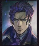  1boy ace_attorney barok_van_zieks blue_eyes character_name dated furrowed_brow looking_to_the_side male_focus nuri_kazuya parted_lips portrait purple_hair scar scar_on_face short_hair signature solo the_great_ace_attorney twitter_username 