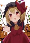  1girl :o alternate_color ascot bat_wings black_collar black_headwear black_shirt blonde_hair blush bow collar commentary_request cowboy_shot crystal eyelashes facing_viewer flandre_scarlet frilled_collar frilled_skirt frills hair_bow halloween hand_up hat highres kamachi_(kamati0maru) long_hair looking_at_viewer mob_cap open_hand open_mouth puffy_short_sleeves puffy_sleeves pumpkin rainbow_order red_bow red_eyes red_skirt red_vest shirt short_sleeves side_ponytail simple_background skirt standing straight-on touhou vest white_background wings yellow_ascot 