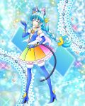  1girl animal_ears black_choker blue_footwear blue_gloves blue_hair boots braid cat_ears cat_tail choker cure_cosmo fur-trimmed_gloves fur_trim gloves highres magical_girl multicolored_clothes multicolored_skirt official_art one_eye_closed precure precure_connection_puzzlun rainbow_skirt skirt smile solo star_twinkle_precure tail tail_ornament tail_ring thigh_boots third-party_source twin_braids yellow_eyes yuni_(precure) 
