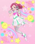  1girl dress full_body grey_thighhighs headset highres hugtto!_precure nono_hana official_art open_mouth pink_eyes pink_hair precure precure_connection_puzzlun short_bangs sleeveless sleeveless_dress solo thigh-highs third-party_source white_dress white_footwear 