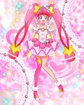  1girl ahoge choker clenched_hands cure_star dress earrings full_body highres hoshina_hikaru jewelry magical_girl official_art open_mouth pink_choker pink_dress pink_eyes pink_footwear pink_hair pink_thighhighs planet_hair_ornament precure precure_connection_puzzlun single_thighhigh smile solo star_(symbol) star_choker star_twinkle_precure thigh-highs third-party_source twintails 