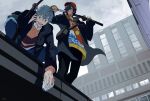  2boys :d bag baseball_cap black_hair black_jacket black_pants blue_hair blue_pants brown_eyes brown_hoodie brown_sweater building clouds cloudy_sky cup disposable_cup drawstring facial_hair fate/grand_order fate_(series) feet_out_of_frame hair_between_eyes hair_over_one_eye hat highres holding holding_cup holding_phone holding_sword holding_weapon hood hoodie jacket katana looking_at_viewer male_focus mount_fuji multiple_boys official_alternate_costume okada_izou_(fate) on_roof open_clothes open_jacket over_shoulder pants phone pirohi_(pirohi214) print_hoodie red_headwear saitou_hajime_(dream_portrait)_(fate) saitou_hajime_(fate) sheath sheathed shirt short_hair shoulder_bag sky smile squatting standing stubble sweater sword talking_on_phone teeth weapon weapon_over_shoulder white_shirt 