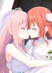  2girls ai-assisted bocchi_the_rock! bridal_veil carrying closed_eyes commentary_request dress flower gotou_hitori hair_flower hair_ornament highres kadohusa_ginpo kiss kita_ikuyo long_hair multiple_girls pink_hair princess_carry redhead tiara veil wedding wife_and_wife yuri 