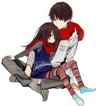  1boy 1girl arm_support bad_id bad_twitter_id brother_and_sister brown_eyes brown_hair expressionless grey_sweater highres honnryou_hanaru indian_style long_hair looking_at_another no_shoes original pantyhose red_scarf ruri_honjou scarf shared_clothes shared_scarf siblings simple_background sitting sitting_on_lap sitting_on_person socks striped striped_pantyhose sweater sweater_vest white_background 