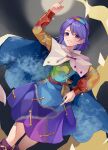  1girl absurdres arm_up bangs boots cape capelet dress feet_out_of_frame grey_background grin hairband highres index_finger_raised koizumo multicolored_clothes pointing pointing_up purple_hair rainbow short_hair simple_background smile solo swept_bangs teeth tenkyuu_chimata touhou violet_eyes 