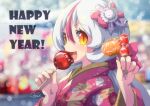  1girl :d bangs blurry blurry_background blush bokeh bow candy_apple depth_of_field food hair_bow hair_ornament happy_new_year holding holding_food holding_skewer japanese_clothes kimono long_hair long_sleeves looking_at_viewer low_ponytail multicolored_hair new_year oooise open_mouth orange_eyes original rabbit_hair_ornament redhead skewer slit_pupils smile solo streaked_hair tanghulu two-tone_hair upper_body white_hair 