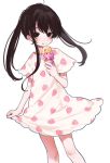  1girl bad_id bad_twitter_id black_eyes black_hair dress feet_out_of_frame food food_print highres holding_ice_cream honnryou_hanaru ice_cream licking_lips long_hair looking_at_viewer original print_dress ruri_honjou sidelocks simple_background skirt_hold solo strawberry_print tongue tongue_out twintails white_background 