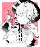  1boy bishounen closed_mouth flower hamondo hat hat_ribbon highres looking_at_viewer male_focus monochrome one_eye_closed original partially_colored ribbon rose short_hair solo spot_color white_flower white_hair white_rose 