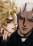  2boys black_nails closed_mouth dark-skinned_male dark_skin dio_brando enrico_pucci highres jojo_no_kimyou_na_bouken josukemanura korean_commentary looking_at_another looking_away male_focus medium_hair multiple_boys muscular muscular_male parted_lips priest red_eyes short_hair smile stone_ocean teeth yellow_lips 