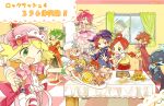  4boys 6+girls amitie_(puyopuyo) andou_ringo apple blonde_hair blue_eyes character_request chibi closed_eyes cookie draco_centauros drill_hair dual_persona ecolo_(puyopuyo) food fruit green_eyes green_hair green_headwear grey_hair harpy_(puyopuyo) hat klug_(puyopuyo) lemres_(puyopuyo) multiple_boys multiple_girls nobara_(konnttaku) one_eye_closed pink_hair puyopuyo puyopuyo_quest raffina_(puyopuyo) red_eyes school_uniform short_hair strange_klug translation_request window witch_(puyopuyo) wizard_hat 