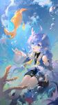  1girl :d absurdres ahoge air_bubble bailu_(honkai:_star_rail) baofandxy bare_shoulders black_dress blue_eyes blue_hair blue_sleeves blue_vest boots bubble coral crossed_bangs detached_sleeves dragon_girl dragon_horns dragon_tail dress fish foot_out_of_frame hand_up highres holding_gourd honkai:_star_rail honkai_(series) horns long_hair open_mouth pointy_ears smile solo sparkle tail tassel twintails underwater vest water 