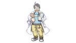  1boy aqua_shirt artist_request belt facial_hair facing_viewer full_body glasses grey_hair holding holding_notepad labcoat male_focus mature_male merchandise neroli_(pokemon) notepad official_art pants paper plump pokemon_sleep round_eyewear shirt shoes short_hair sleep_mask sneakers snorlax solo standing stubble thick_eyebrows white_background yellow_pants 