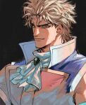  1boy ascot black_background blonde_hair closed_mouth detached_sleeves dio_brando gem highres jojo_no_kimyou_na_bouken josukemanura korean_commentary looking_at_viewer male_focus medium_hair mole mole_on_ear muscular muscular_male phantom_blood red_eyes smirk solo 