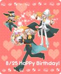  3boys aged_down aged_up bangs blush ca81127 candy cape closed_eyes cookie crescent food full_body green_cape green_footwear green_headwear happy_birthday hat heart lemres_(puyopuyo) multiple_boys multiple_persona pink_background puyopuyo time_paradox tongue tongue_out wand wizard_hat 