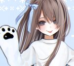  1girl :p animal_hands bad_id bad_twitter_id blue_ribbon blush gloves grey_eyes hair_ribbon highres honnryou_hanaru light_brown_hair long_hair looking_at_viewer open_mouth original paw_gloves ribbon ruri_honjou smile solo sweater tongue tongue_out two-tone_background upper_body white_sweater 