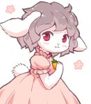  1girl :3 animal_ears bangs bebeneko blush carrot_necklace closed_mouth commentary_request cowboy_shot dress floppy_ears frilled_sleeves frills furrification furry furry_female inaba_tewi jewelry looking_at_viewer looking_to_the_side necklace pink_dress puffy_short_sleeves puffy_sleeves rabbit_ears rabbit_girl rabbit_tail red_eyes short_hair short_sleeves simple_background smile solo tail touhou wavy_hair white_background 