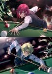  2boys ball billiard_ball billiards black_necktie black_pants blue_eyes blurry blurry_background closed_mouth collared_shirt ensemble_stars! fingernails glasses green_hair hair_between_eyes highres leaf leaning_forward long_sleeves male_focus multiple_boys necktie open_mouth pants pink_hair plant rrr_(reason) saegusa_ibara shirt short_hair teeth tomoe_hiyori upper_teeth_only vest violet_eyes watermark 