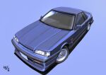  artist_name blue_background blue_car headlight highres moroboshi_danshaku nissan nissan_skyline nissan_skyline_r31 no_humans original shadow vehicle_focus wheel 