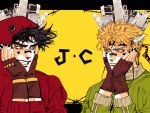  2boys battle_tendency black_nails blonde_hair blue_eyes brown_hair caesar_anthonio_zeppeli facial_mark feather_hair_ornament feathers fingerless_gloves gloves green_eyes green_jacket grin hair_ornament hands_on_own_face headband highres hood hood_up hooded_jacket hoodie jacket jojo_no_kimyou_na_bouken joseph_joestar joseph_joestar_(young) josukemanura korean_commentary looking_at_another male_focus matryoshka_(vocaloid) multiple_boys muscular parody red_hoodie short_hair smile teeth upper_body yellow_background 