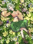  1girl absurdres brown_footwear cattleya_(a_yel_ttac) flower green_eyes green_hair green_nails green_skirt hair_flower hair_ornament heart highres komeiji_koishi long_sleeves lying on_back on_grass pink_flower purple_flower shirt skirt smile solo touhou white_flower yellow_flower yellow_shirt 