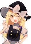  07_nagii 1girl ;d apron black_headwear blonde_hair blush bow braid finger_heart hand_on_hip hat hat_bow highres kirisame_marisa long_hair one_eye_closed open_mouth puffy_sleeves short_sleeves smile solo touhou witch_hat yellow_eyes 