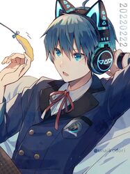  1boy amamine_shu animal_ear_headphones animal_ears aqua_eyes blue_hair blue_jacket bow buttons cat_ear_headphones cat_teaser double-breasted fake_animal_ears headphones highres idolmaster idolmaster_side-m jacket kame_(unaikodori) lapels male_focus parted_lips red_bow school_uniform solo wristband 