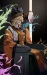  1girl bangs black_headwear blonde_hair chair constellation_print drum hair_between_eyes hat highres instrument long_hair matara_okina namekuzi open_mouth orange_sleeves sitting solo tabard touhou tsuzumi wide_sleeves yellow_eyes 