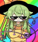  black_headwear blush bow green_hair highres hood hoodie komeiji_koishi mlg pixel_glasses rainbow_background touhou yellow_bow yellow_hoodie zunusama 