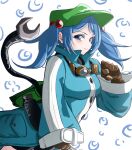  1girl :&gt; adapted_costume alinoce716 backpack bag blue_eyes blue_hair blush breasts gloves goggles green_headwear hair_bobbles hair_ornament hat highres kawashiro_nitori long_hair medium_breasts sleeves_past_wrists solo touhou twintails two_side_up wide_sleeves wrench 