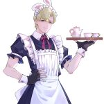  1boy ace_attorney alternate_costume animal_ears apron babazy6070 black_gloves blonde_hair blue_dress closed_mouth crossdressing cup dress enmaided fake_animal_ears fingerless_gloves gloves hand_on_hip herlock_sholmes holding holding_tray looking_at_viewer maid maid_apron maid_headdress male_focus pink_ribbon puffy_short_sleeves puffy_sleeves rabbit_ears ribbon short_hair short_sleeves simple_background smile solo teacup the_great_ace_attorney tray white_apron white_background 
