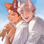  2boys animal_ear_fluff animal_ears arm_around_shoulder artist_name blue_background blue_sky brown_eyes brown_hair cat_boy cat_ears closed_mouth collared_shirt dog_boy dog_ears earrings english_commentary etceteraart fangs grin hands_up highres jewelry long_sleeves looking_at_another male_focus multiple_boys open_mouth original outdoors shirt short_hair sky smile solo twitter_username upper_body white_hair white_shirt 