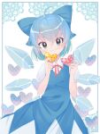  1girl ahoge bangs blue_bow blue_dress blue_eyes blue_hair blush bow cirno closed_mouth collared_shirt commentary_request cowboy_shot dress flat_chest hair_bow heart holding holding_heart ice ice_wings kari_(atsuki_565) looking_at_viewer neck_ribbon pinafore_dress red_ribbon ribbon shirt short_hair smile solo touhou v-shaped_eyebrows white_background white_shirt wings 