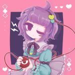  1girl :o absurdres ahoge black_bow black_bowtie black_hairband blue_shirt bow bowtie buttons collared_shirt commentary frilled_shirt_collar frilled_skirt frills hair_ornament hairband hands_up heart heart_button heart_hair_ornament highres holding komeiji_satori lightning_bolt_symbol long_sleeves looking_at_viewer noreazon41 one_eye_closed pink_skirt purple_hair red_eyes shirt short_hair skirt sleeve_cuffs solo third_eye touhou twitter_username upper_body violet_eyes 