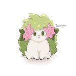  closed_mouth commentary_request flower full_body green_eyes highres looking_at_viewer mukomaru no_humans pink_flower pokemon pokemon_(creature) shaymin shaymin_(land) sitting smile solo thank_you white_background 