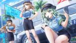  3girls animal belt blowing_whistle blue_eyes breasts car closed_eyes collared_shirt dog dolphin_wave green_hair hand_on_hip hat highres holding holding_animal holding_dog holding_whistle kirahoshi_kanna large_breasts light_brown_hair long_hair medium_breasts motor_vehicle multiple_girls official_art ootomo_takuji police police_car police_hat police_uniform policewoman selena_lewis shirt short_sleeves skirt suminoe_shion uniform violet_eyes wavy_hair whistle 
