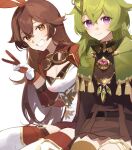  2girls amber_(genshin_impact) bangs belt black_belt blush boots breasts brown_belt brown_dress brown_eyes brown_hair brown_thighhighs cape closed_mouth collared_jacket collei_(genshin_impact) dress gem genshin_impact gloves goggles goggles_around_neck green_cape green_gemstone green_hair hair_between_eyes hair_ornament hair_ribbon hand_up jacket long_hair looking_at_viewer medium_breasts multiple_girls open_clothes open_jacket pink_gemstone red_gloves red_jacket red_ribbon red_thighhighs ribbon simple_background sitting smile tassel teeth thigh-highs two-tone_gloves v violet_eyes vision_(genshin_impact) white_background white_footwear white_gloves yurayura_(mdeh5447) 