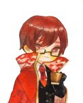  1boy black_gloves black_jacket cape closed_mouth collared_shirt commentary_request cup glasses gloves highres holding holding_cup jacket library_of_ruina long_sleeves male_focus miris_(library_of_ruina) mochigome_138 painting_(medium) project_moon rectangular_eyewear red_cape red_eyes redhead shirt short_hair simple_background smile solo tie_clip traditional_media upper_body watercolor_(medium) white_background white_shirt 