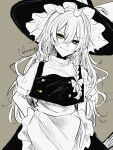  1girl absurdres annin_cha apron black_headwear braid cowboy_shot grey_background hair_between_eyes hand_under_clothes hat head_tilt highres kirisame_marisa long_hair monochrome puffy_sleeves short_sleeves signature simple_background smile solo touhou witch_hat yellow_eyes 