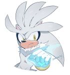  1boy animal_ears animal_nose artist_name body_fur bracelet closed_mouth furry furry_male gloves gold_bracelet grey_fur hand_up hedgehog hedgehog_tail highres jewelry kerensoniconly looking_away magic male_focus silver_the_hedgehog simple_background solo sonic_(series) standing tail white_background white_gloves yellow_eyes 