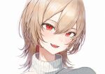  1girl absurdres androgynous blonde_hair blush deho_toiimasu fangs furen_e_lustario head_tilt highres long_sleeves looking_at_viewer nijisanji red_eyes short_hair solo sweater turtleneck turtleneck_sweater virtual_youtuber white_background white_sweater 