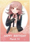  1girl breasts brown_hair brown_skirt collared_shirt danganronpa_(series) danganronpa_2:_goodbye_despair dated flipped_hair galaga grin hair_ornament hand_up happy_birthday highres hood jacket kirin_(suzoke_1) long_sleeves looking_at_viewer medium_hair nanami_chiaki neck_ribbon pink_eyes pleated_skirt ribbon shirt shirt_tucked_in skirt smile solo teeth upper_body white_shirt 