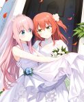  2girls ai-assisted blue_eyes blush bocchi_the_rock! bridal_veil carrying commentary_request dress elbow_gloves flower gloves gotou_hitori green_eyes hair_flower hair_ornament highres kadohusa_ginpo kita_ikuyo long_hair multiple_girls pink_hair princess_carry redhead tiara veil wedding wife_and_wife yuri 