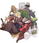  2boys absurdres ace_attorney black_gloves blonde_hair book bowler_hat brown_pants closed_eyes couch desk_lamp facing_away fingerless_gloves gloves grey_jacket hat herlock_sholmes highres holding holding_pen holding_smoking_pipe instrument jacket lamp long_sleeves male_focus multiple_boys on_couch open_book pants pen phonograph picture_frame short_hair sitting smile smoking_pipe tanaotanako teapot the_great_ace_attorney the_great_ace_attorney_2:_resolve vest violin writing yujin_mikotoba 