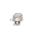  1girl black_jacket brown_skirt chibi danganronpa_(series) danganronpa_2:_goodbye_despair full_body galaga hair_ornament handheld_game_console highres holding holding_handheld_game_console jacket miniskirt nanami_chiaki open_clothes open_jacket pink_eyes shimaru_(4_mlu4) shirt simple_background skirt smile solo translation_request two-tone_shirt white_background white_shirt 