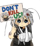  &gt;_&lt; 1girl absurdres antenna_hair arthropod_girl bandaged_arm bandaged_head bandages bandaid bandaid_on_cheek bandaid_on_face black_shirt blood blue_eyes broken_arm cockroach_girl english_text grey_hair highres holding holding_sign injury kishimen_udn long_hair looking_at_viewer original sailor_collar scar shirt sign simple_background solo white_background 