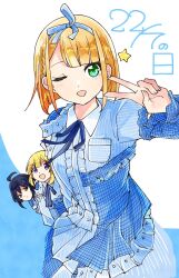  22/7 3girls :d ;d ahoge asymmetrical_bangs black_hair blonde_hair blue_dress blue_hairband blue_ribbon blush bob_cut brown_hair closed_mouth dress frilled_dress frills fujima_sakura green_eyes hairband highres inverted_bob long_hair long_sleeves looking_at_another looking_at_viewer multiple_girls muzui neck_ribbon one_eye_closed open_mouth ribbon saito_nicole short_hair smile solo_focus standing takigawa_miu trefle_r v v_over_eye violet_eyes 