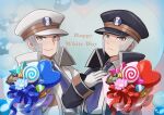  2boys black_coat black_headwear blue_necktie brothers candy closed_mouth coat collared_shirt commentary_request emmet_(pokemon) flower food gloves grey_eyes grey_hair happy_white_day hat high_collar ingo_(pokemon) lollipop long_sideburns long_sleeves looking_at_viewer male_focus mizuiro123 multiple_boys necktie peaked_cap pink_flower pokemon pokemon_(game) pokemon_bw shirt short_hair siblings sideburns smile trench_coat white_coat white_day white_gloves white_headwear white_shirt 