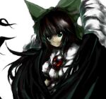  1girl black_wings bow breasts brown_hair cape closed_mouth feathered_wings green_bow green_eyes hair_bow looking_at_viewer lowres medium_breasts oekaki page puffy_short_sleeves puffy_sleeves reiuji_utsuho shirt short_sleeves simple_background solo third_eye_on_chest touhou white_background white_cape white_shirt wings 