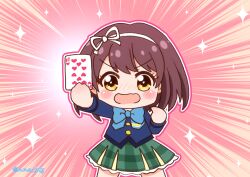 1girl battle_girl_high_school blazer blue_bow blush bow brown_hair card chibi chibi_only commentary emphasis_lines eyelashes green_skirt hairband highres holding holding_card jacket nna_btg open_mouth outstretched_arm pink_background playing_card ribbon sakaide_mari school_uniform skirt solo sparkle ten_of_hearts white_hairband white_ribbon yellow_eyes 